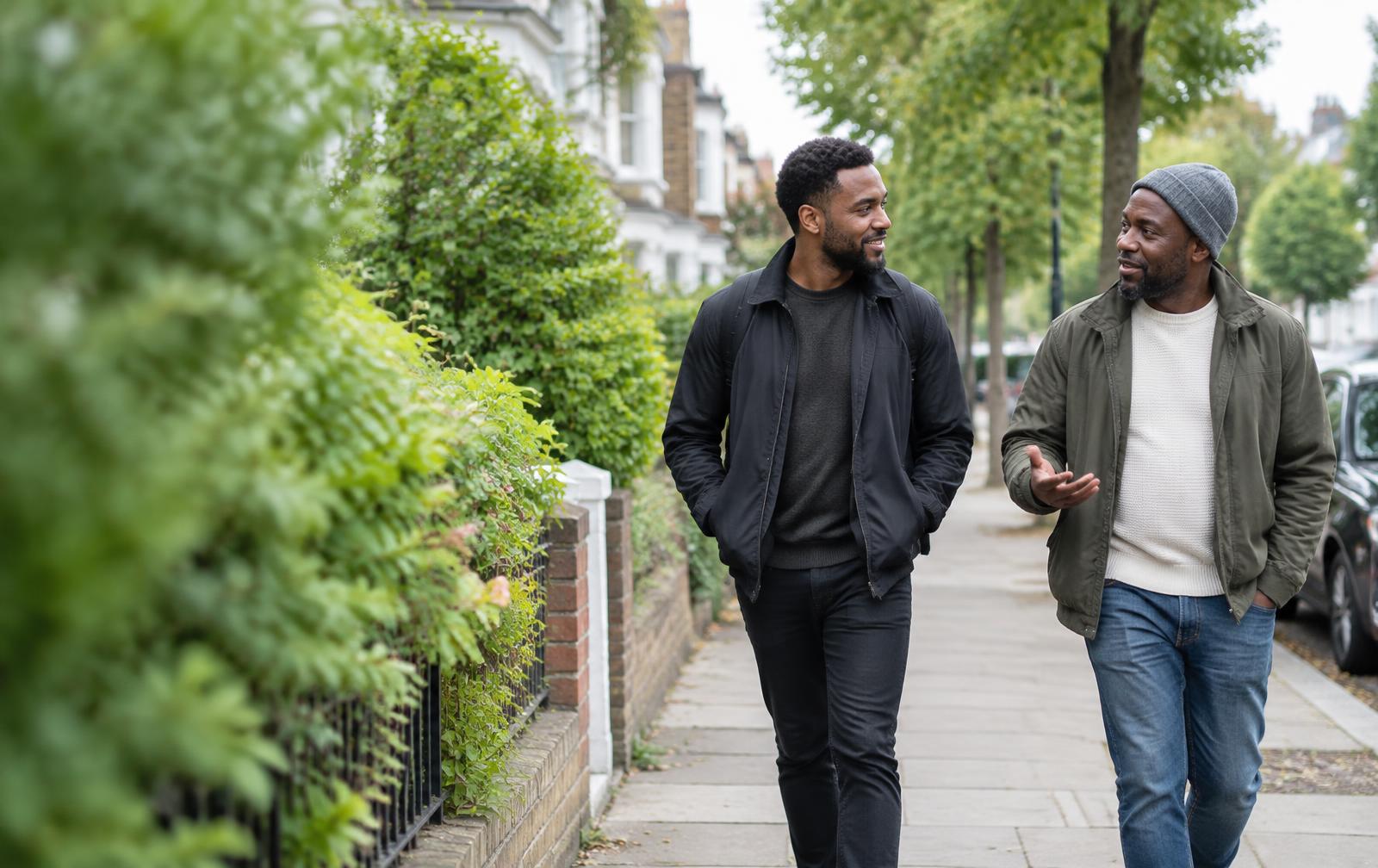 Two people walking and talking in a London neighbourhood